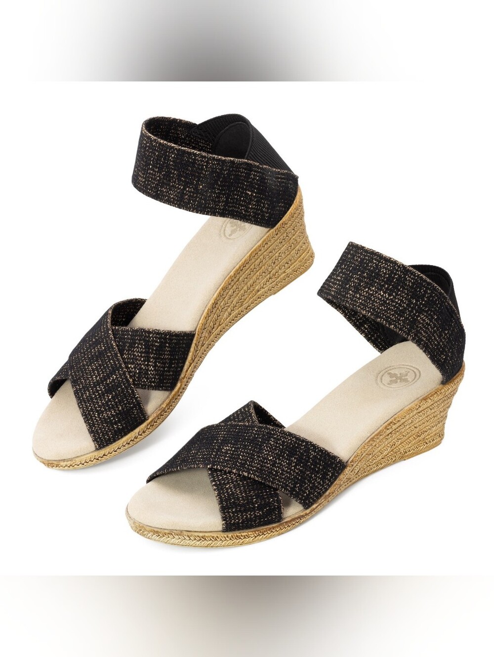 NIB Charleston Shoe Co. Cannon Wedge Sandals - Black with Gold Metallic Thread